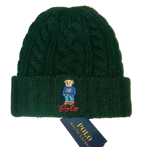 RALPH LAUREN Green Cable Knit Hat w/ Bear Wearing American Flag Sweater O/S NWT main image 9
